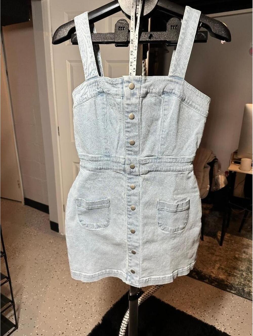 Amanda Uprichard Denim Mini Dress Light Wash Snap Front Sleeveless Size M NWT - Picture 2 of 6